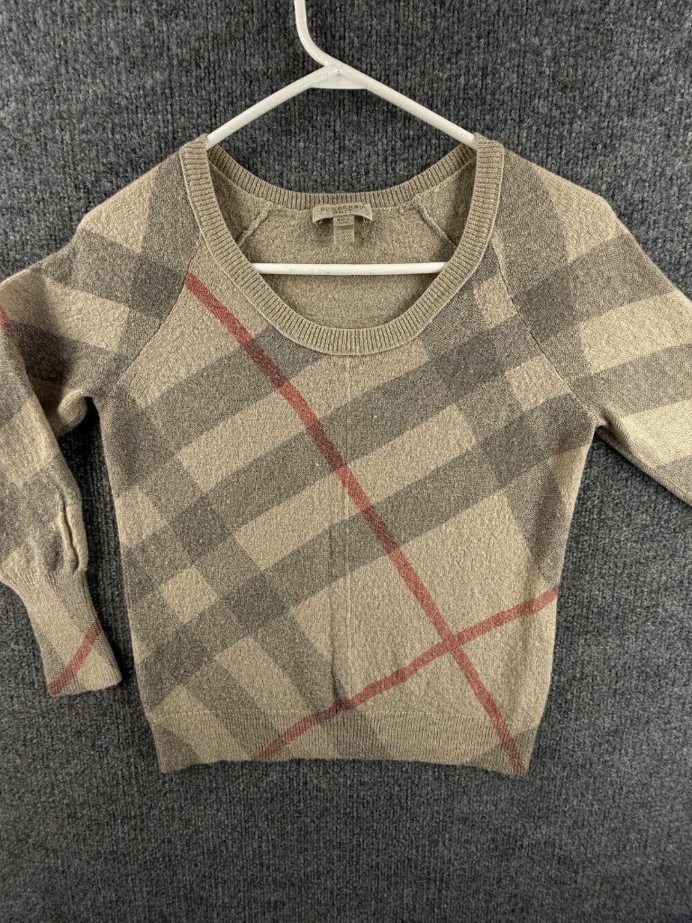 Burberry Brit Nova Graphic Small Plaid Long Sleeve Wool Cashmere Beige Pullover